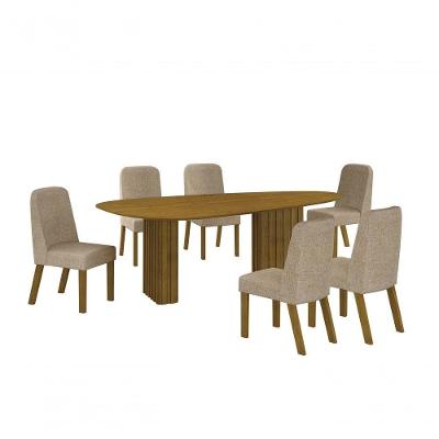 Conjunto Sala De Jantar Mesa Orgânica Sem Vidro 180cm Com 6 Cadeiras Pé Madeira Isis Freijó/linho Palha