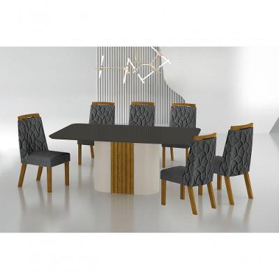 Conjunto Sala De Jantar Mesa Com Vidro 180cm Com 6 Cadeiras Pé Mdf Dacota Off White Freijó/chumbo/linho Chumbo