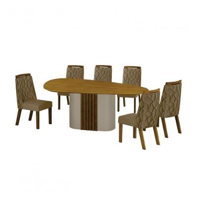 Conjunto Sala De Jantar Mesa Orgânica Sem Vidro 200cm Com 6 Cadeiras Pé Mdf Dacota Off White Freijó/freijó/joli Camurça
