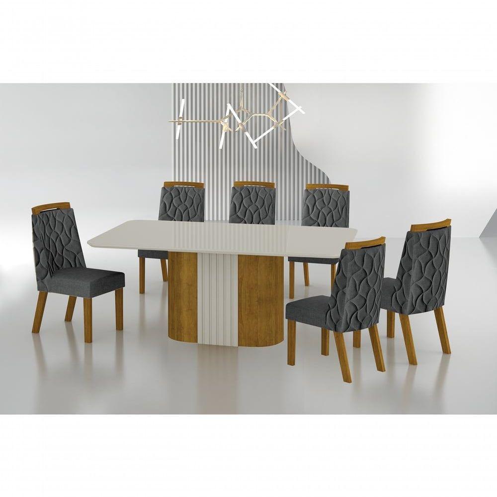 Conjunto Sala De Jantar Mesa Com Vidro 180cm Com 6 Cadeiras Pé Mdf Dacota Freijó Off White/off White/linho Chumbo - 1