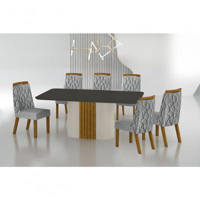 Conjunto Sala De Jantar Mesa Com Vidro 180cm Com 6 Cadeiras Pé Madeira Dacota Off White Freijó/chumbo/linho Cinza