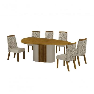 Conjunto Sala De Jantar Mesa Orgânica Sem Vidro 200cm Com 6 Cadeiras Pé Mdf Dacota Off White Freijó/freijó/joli Palha