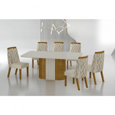 Conjunto Sala De Jantar Mesa Com Vidro 180cm Com 6 Cadeiras Pé Mdf Dacota Freijó Off White/off White/joli Palha