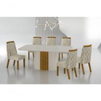 Conjunto Sala De Jantar Mesa Com Vidro 180cm Com 6 Cadeiras Pé Mdf Dacota Off White Freijó/off White/joli Palha - 1