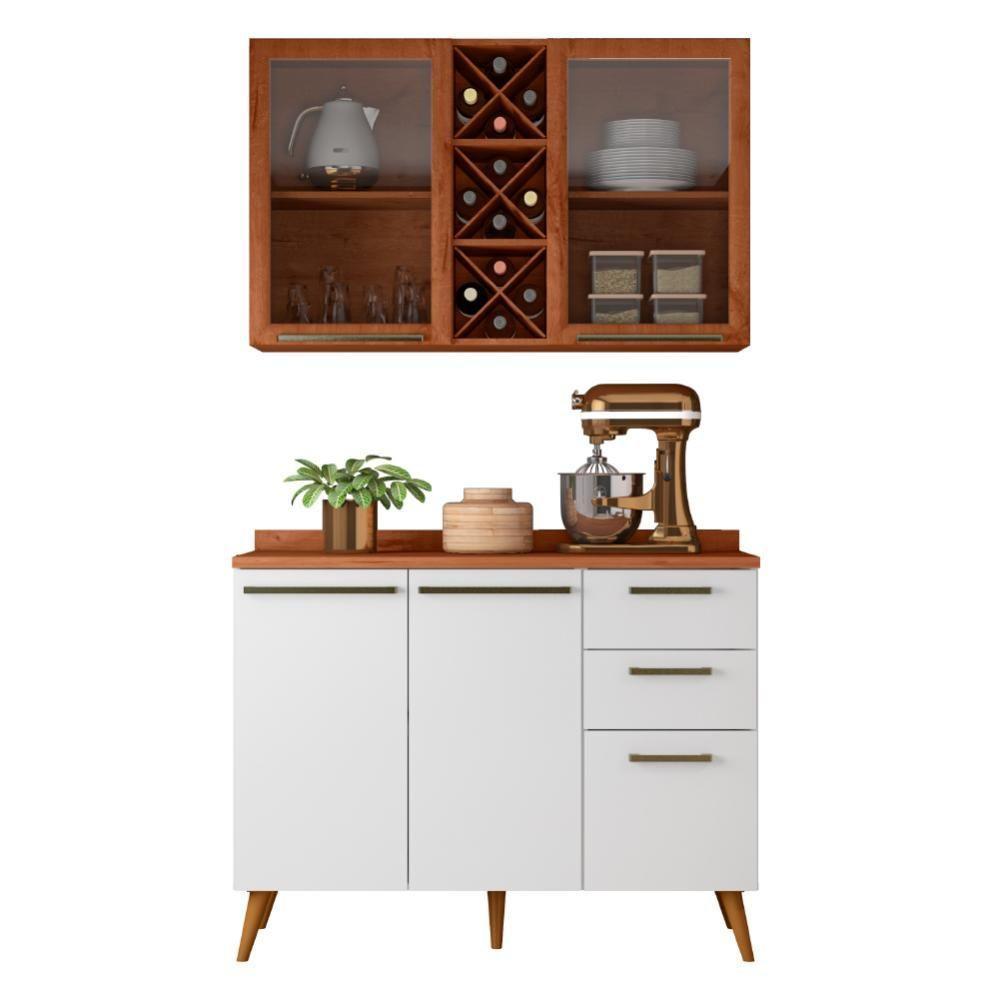 Armário De Cozinha Compacta 4 Portas 3 Gavetas Vidro Reflecta Com Adega 1,20m Favorita Branco/nature Nature - 1