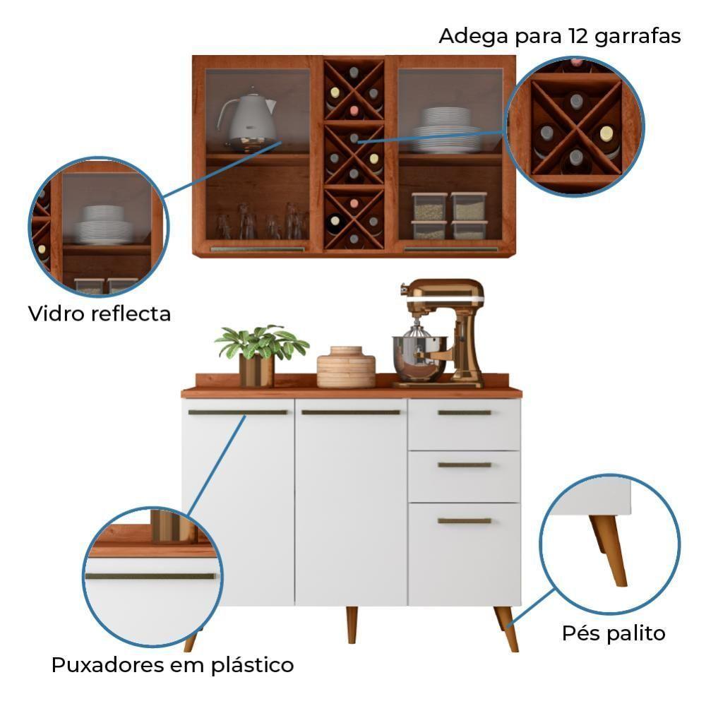 Armário De Cozinha Compacta 4 Portas 3 Gavetas Vidro Reflecta Com Adega 1,20m Favorita Branco/nature Nature - 2