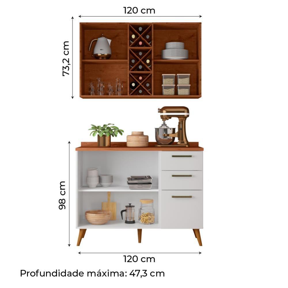 Armário De Cozinha Compacta 4 Portas 3 Gavetas Vidro Reflecta Com Adega 1,20m Favorita Branco/nature Nature - 3