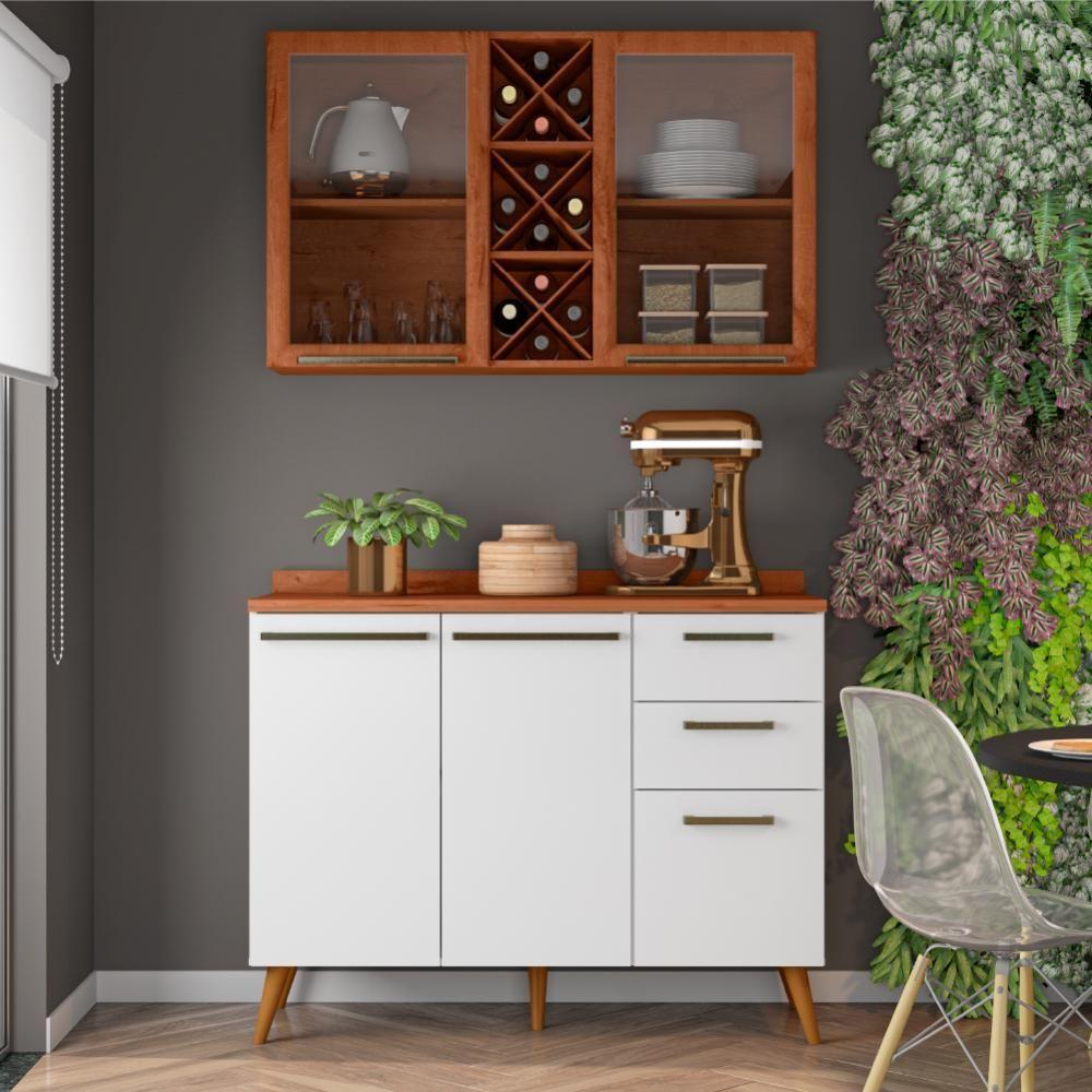 Armário De Cozinha Compacta 4 Portas 3 Gavetas Vidro Reflecta Com Adega 1,20m Favorita Branco/nature Nature - 4