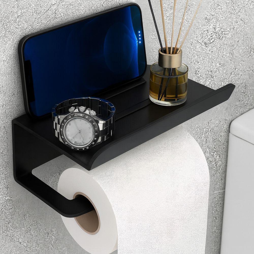 Suporte Para Papel Higiênico Premium Com Apoio Para Objetos Preto - 7