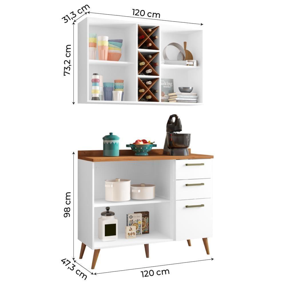 Armário De Cozinha Compacta 4 Portas 3 Gavetas Com Adega 1,20m Favorita Branco / Natura Branco Nature - 4