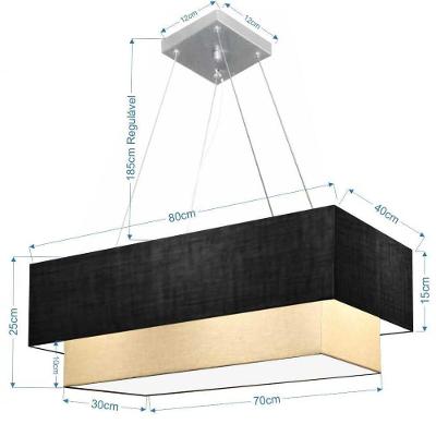 Lustre Pendente Duplo Retangular Vivare Md-4321 Cúpula Em Tecido 80x40cm X 70x30cm - Bivolt Preto-bege 127/220v
