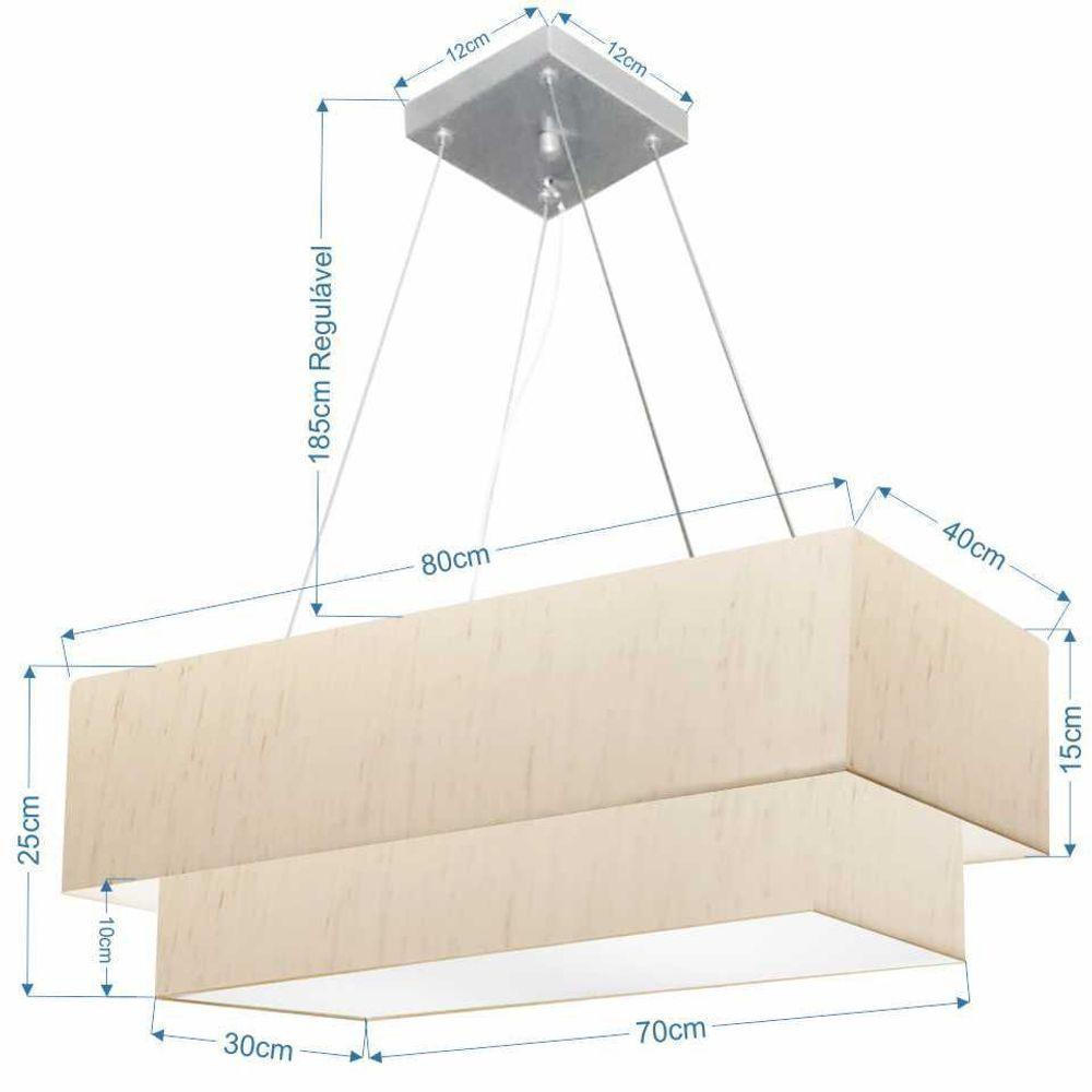 Lustre Pendente Duplo Retangular Vivare Md-4321 Cúpula Em Tecido 80x40cm X 70x30cm - Bivolt Linho Bege 127/220v - 3