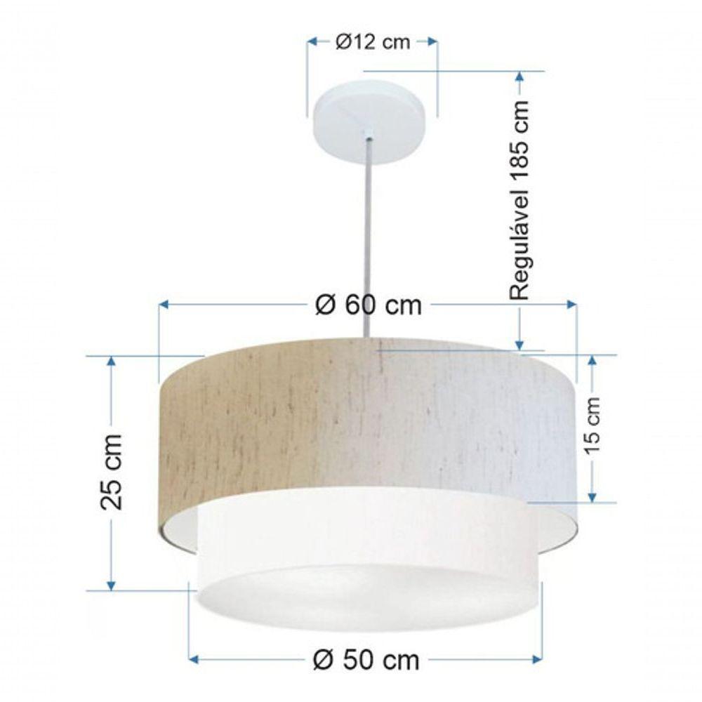 Lustre Pendente Duplo Cilíndrico Vivare Md-4353 Cúpula Tecido 60x50cm - Bivolt Linho-bege-branco 127/220v - 5