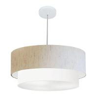 Lustre Pendente Duplo Cilíndrico Vivare Md-4353 Cúpula Tecido 60x50cm - Bivolt Linho-bege-branco 127/220v - 1