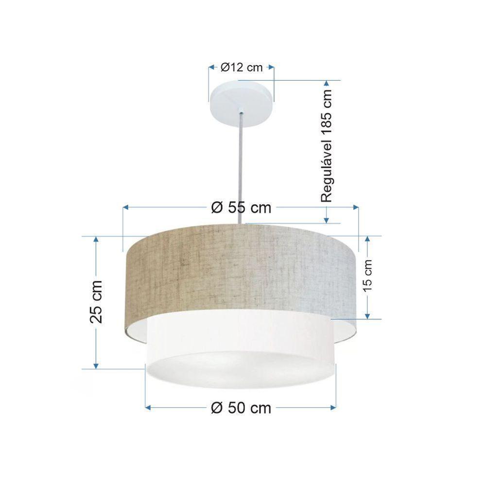 Lustre Pendente Duplo Cilíndrico Vivare Md-4352 Cúpula Tecido 55x50cm - Bivolt Rustico-bege-branco 127/220v - 2
