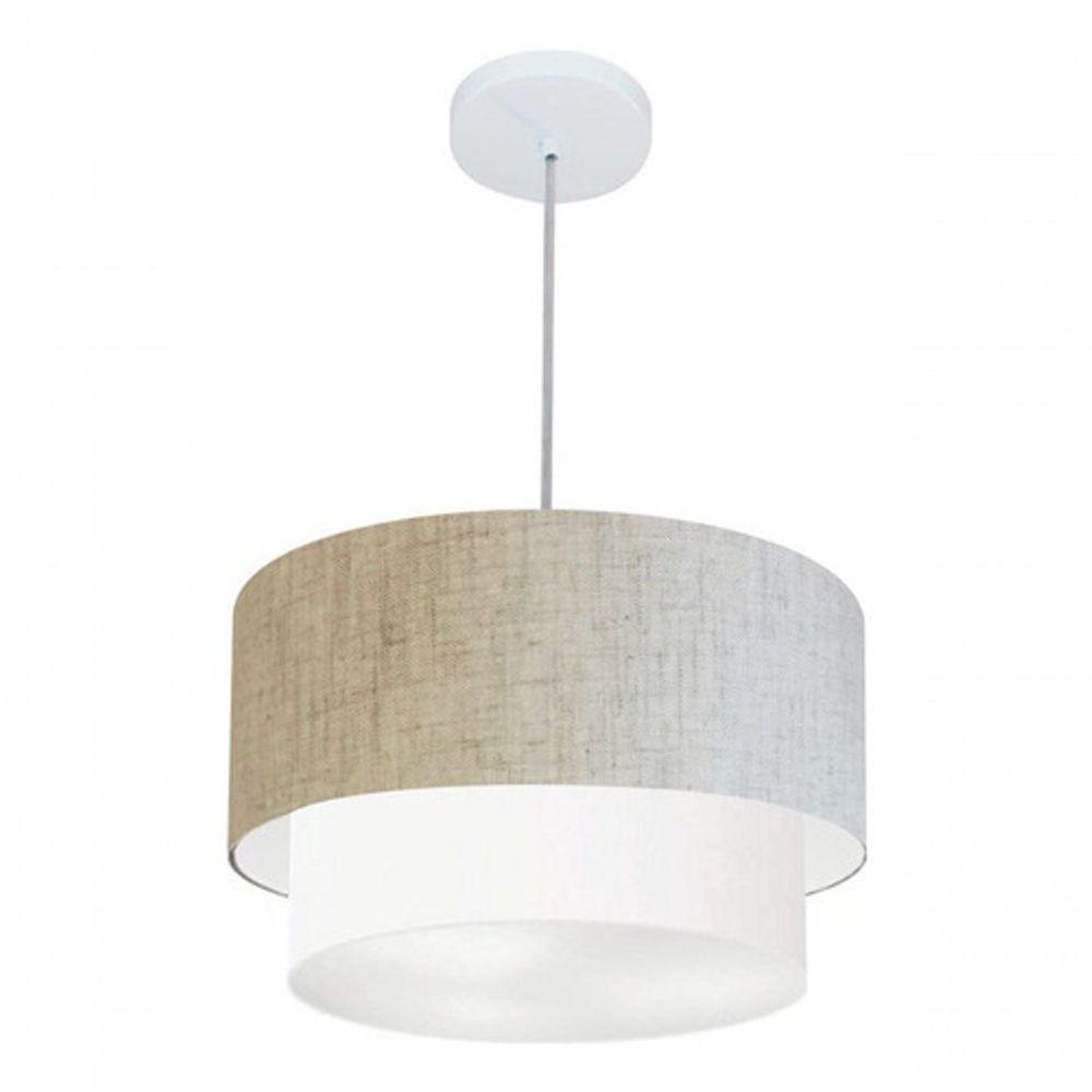 Lustre Pendente Duplo Cilíndrico Vivare Md-4350 Cúpula Tecido 45x40cm - Bivolt Rustico-bege-branco 127/220v - 4