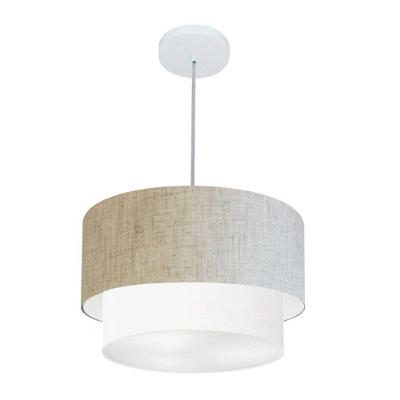 Lustre Pendente Duplo Cilíndrico Vivare Md-4350 Cúpula Tecido 45x40cm - Bivolt Rustico-bege-branco 127/220v