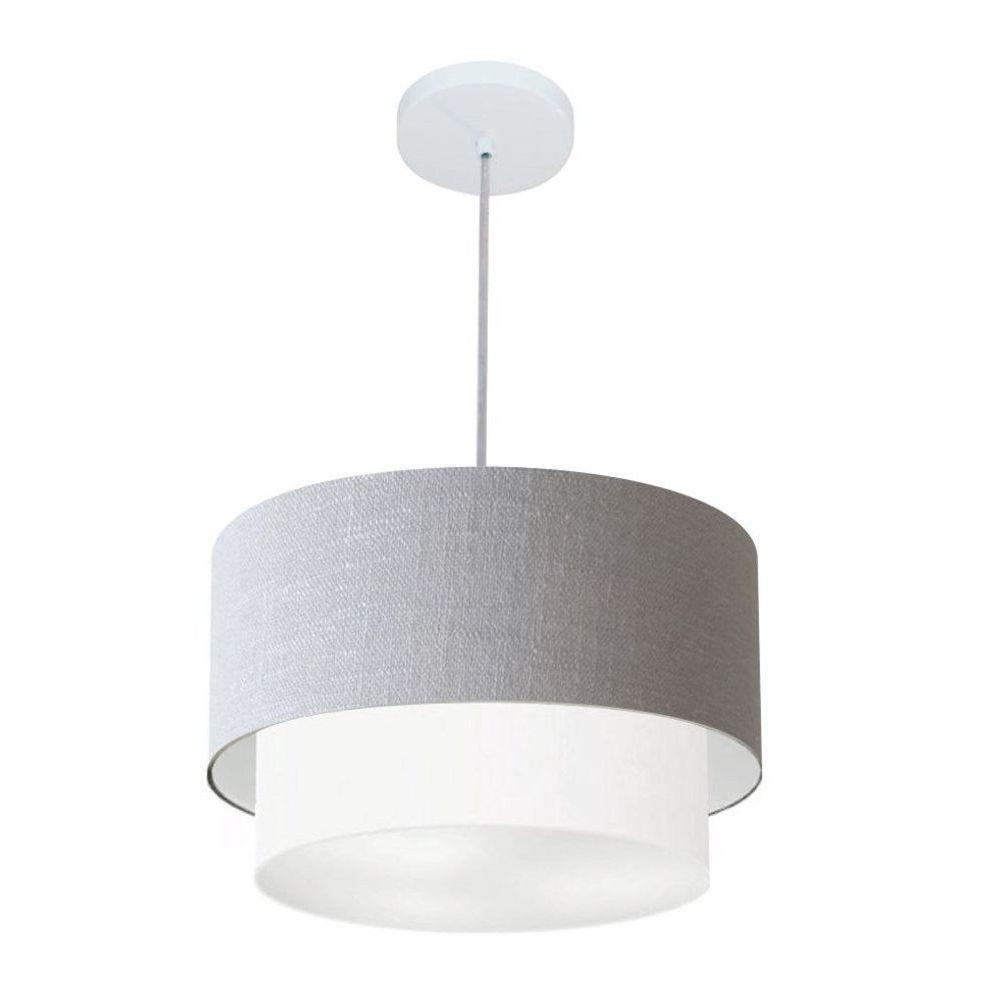 Lustre Pendente Duplo Cilíndrico Vivare Md-4350 Cúpula Tecido 45x40cm - Bivolt Rustico-cinza-branco 127/220v - 1