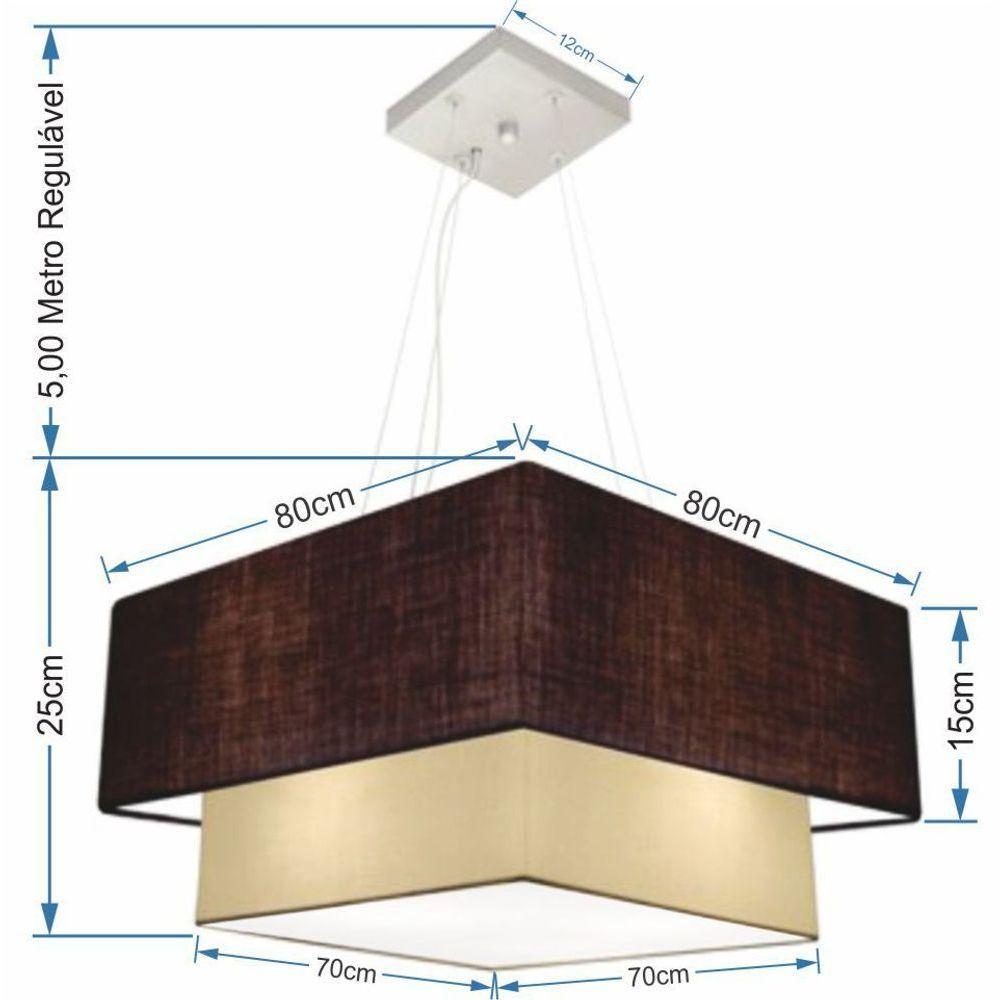 Lustre Pendente Duplo Quadrado Vivare Md-4347 Cúpula Em Tecido 80x70cm - Bivolt Café-algodão-crú 127/220v - 2