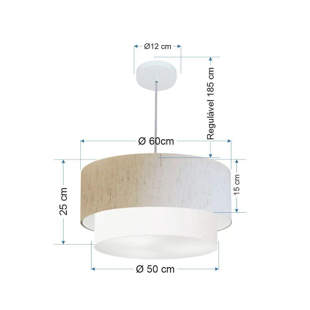 Lustre Pendente Duplo Cilíndrico Vivare Md-4357 Cúpula Tecido 60x50cm - Bivolt Linho-bege-branco 127/220v - 1