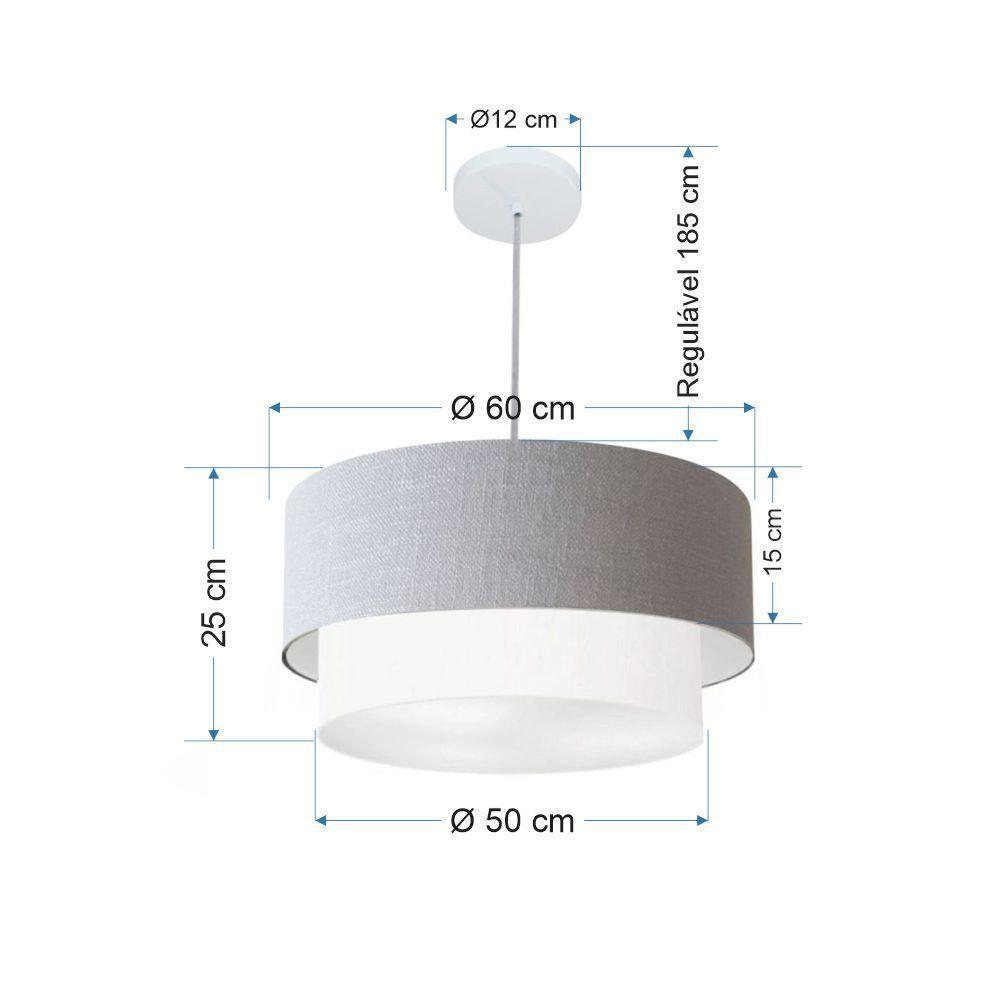 Lustre Pendente Duplo Cilíndrico Vivare Md-4357 Cúpula Tecido 60x50cm - Bivolt Rustico-cinza-branco 127/220v - 2