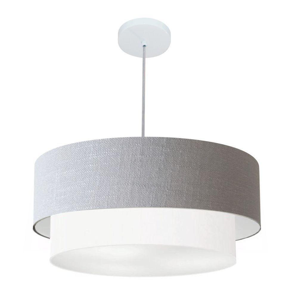 Lustre Pendente Duplo Cilíndrico Vivare Md-4357 Cúpula Tecido 60x50cm - Bivolt Rustico-cinza-branco 127/220v - 4