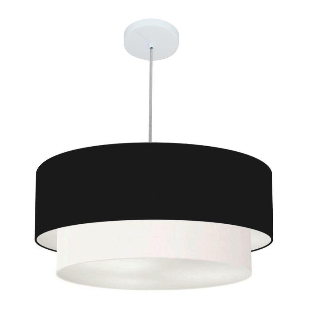 Lustre Pendente Duplo Cilíndrico Vivare Md-4356 Cúpula Tecido 55x50cm - Bivolt Preto-branco 127/220v - 1