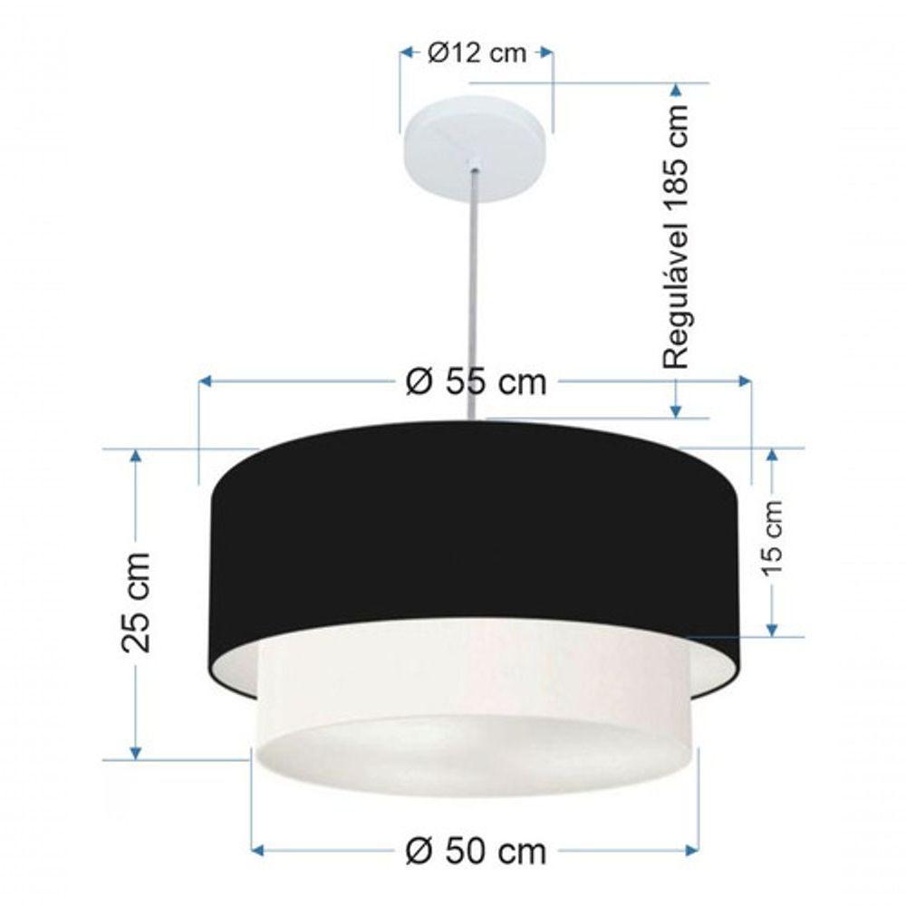 Lustre Pendente Duplo Cilíndrico Vivare Md-4356 Cúpula Tecido 55x50cm - Bivolt Preto-branco 127/220v - 5