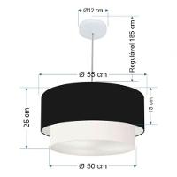 Lustre Pendente Duplo Cilíndrico Vivare Md-4356 Cúpula Tecido 55x50cm - Bivolt Preto-branco 127/220v - 5