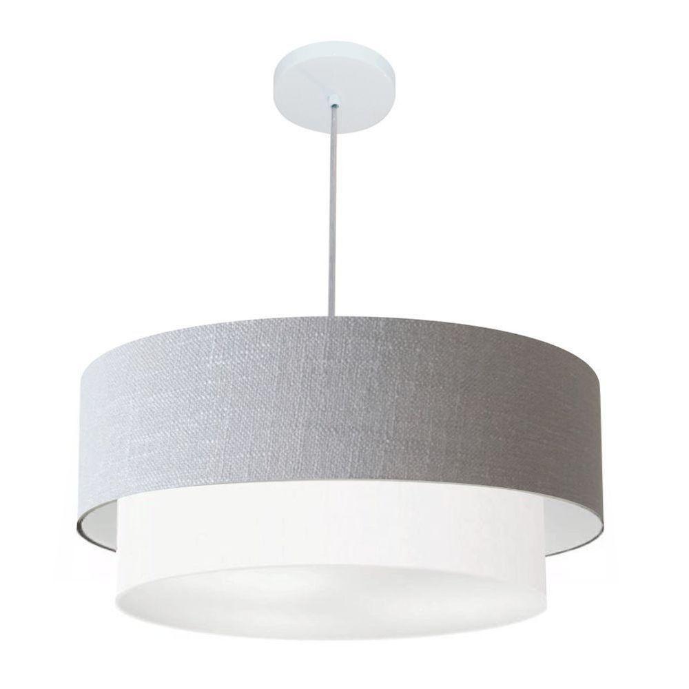 Lustre Pendente Duplo Cilíndrico Vivare Md-4356 Cúpula Tecido 55x50cm - Bivolt Rustico-cinza-branco 127/220v - 1