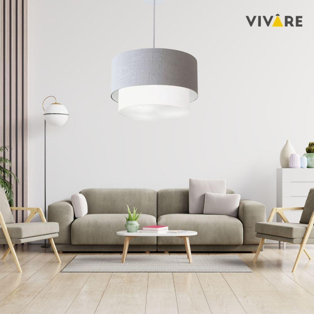 Lustre Pendente Duplo Cilíndrico Vivare Md-4356 Cúpula Tecido 55x50cm - Bivolt Rustico-cinza-branco 127/220v - 3