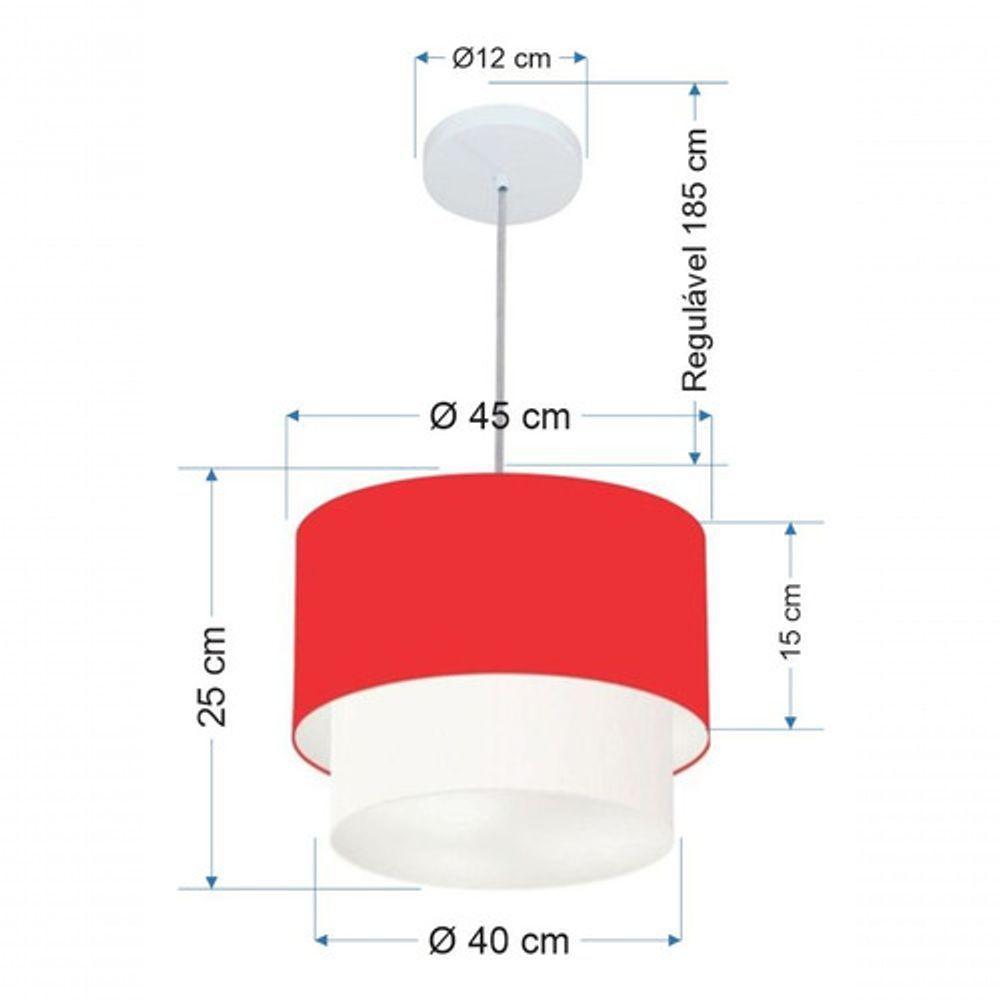 Lustre Pendente Duplo Cilíndrico Vivare Md-4354 Cúpula Tecido 45x40cm - Bivolt Vermelho-branco 127/220v - 5
