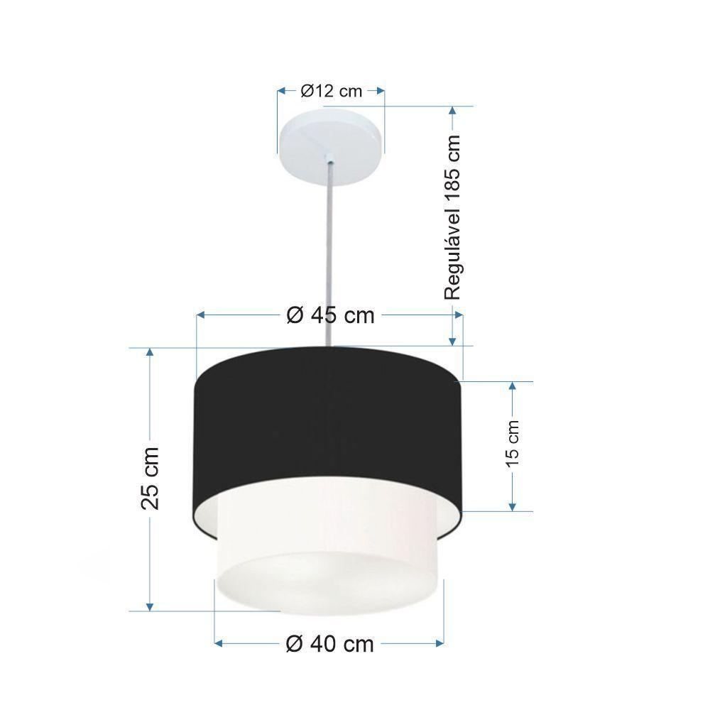 Lustre Pendente Duplo Cilíndrico Vivare Md-4354 Cúpula Em Tecido 45x40cm - Bivolt Preto-branco 127/220v - 2