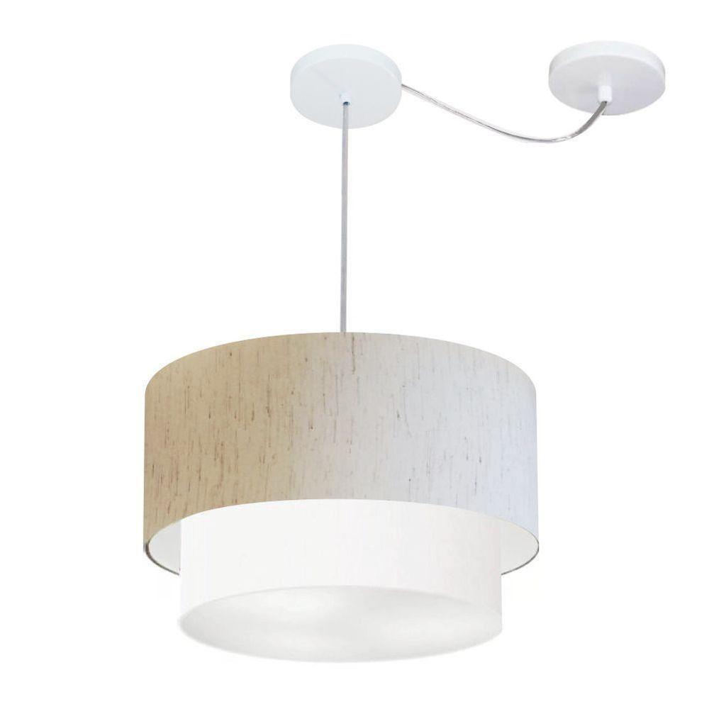 Lustre Pendente Duplo Cilíndrico Com Desvio Vivare Md-4364 Cúpula Em Tecido 40x35cm - Bivolt Linho-bege-branco 127/220v - 1