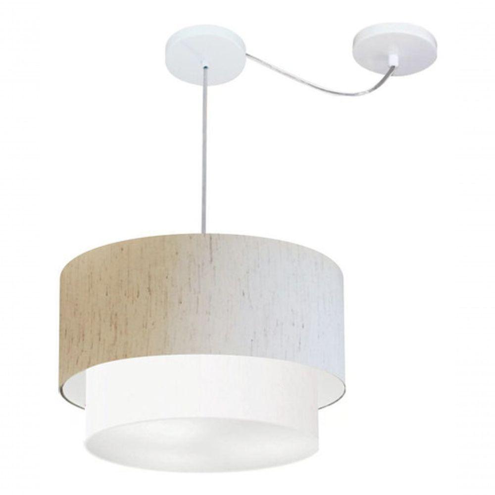Lustre Pendente Duplo Cilíndrico Com Desvio Vivare Md-4364 Cúpula Em Tecido 40x35cm - Bivolt Linho-bege-branco 127/220v - 3