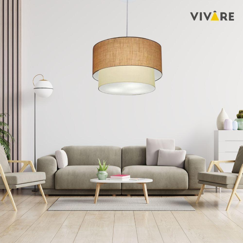 Lustre Pendente Duplo Cilíndrico Vivare Md-4357 Cúpula Tecido 60x50cm - Bivolt Palha-bege 127/220v - 3