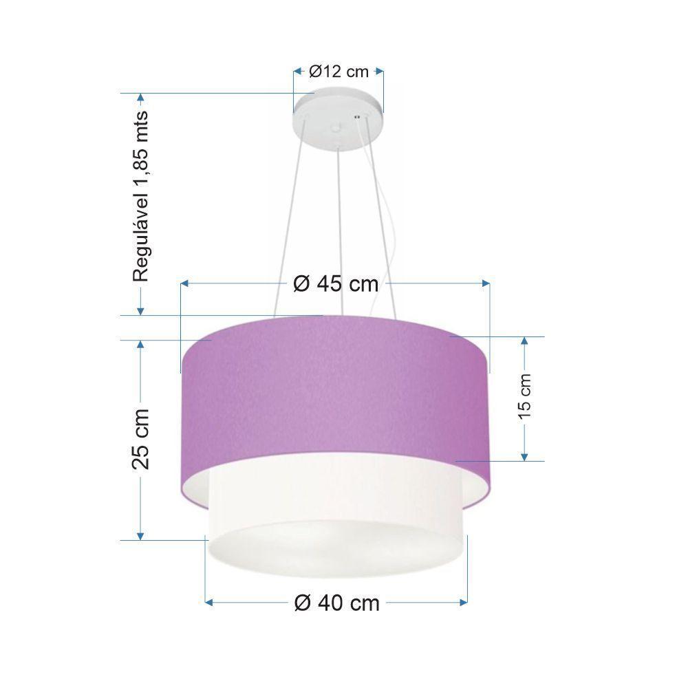 Lustre Pendente Duplo Cilíndrico Vivare Md-4369 Cúpula Tecido 45x40cm - Bivolt Lilás-branco 127/220v - 2