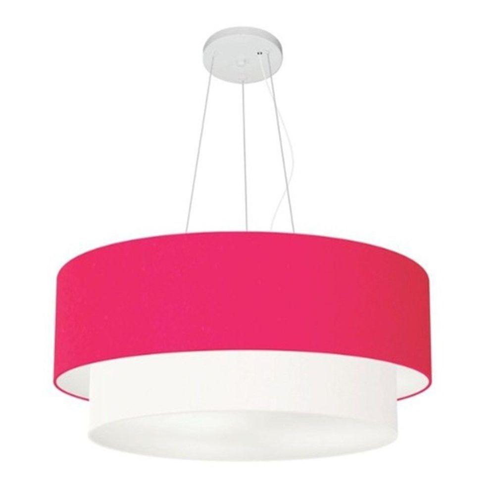 Lustre Pendente Duplo Cilíndrico Vivare Md-4370 Cúpula Tecido 55x50cm - Bivolt Rosa-pink-branco 127/220v - 1