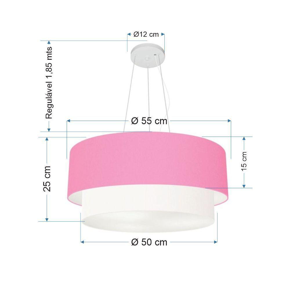 Lustre Pendente Duplo Cilíndrico Vivare Md-4370 Cúpula Tecido 55x50cm - Bivolt Branco-rosa-bebê 127/220v - 2