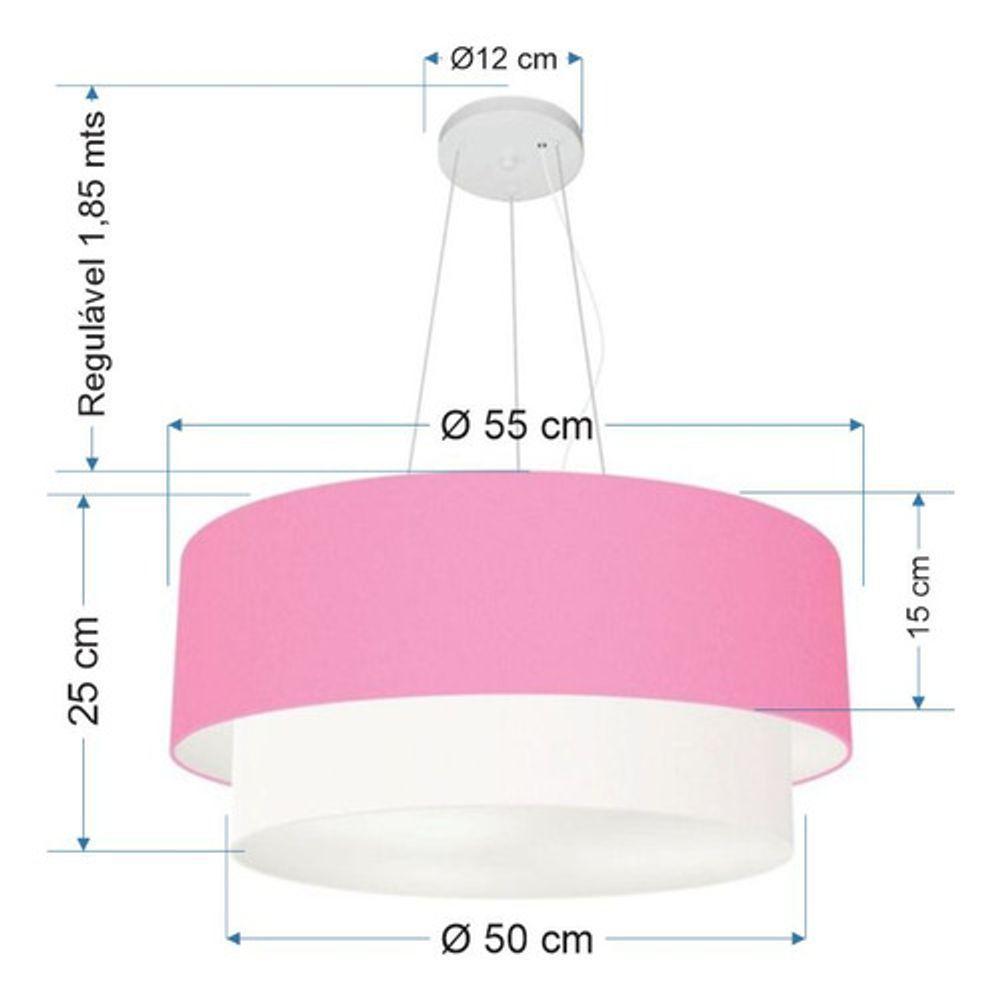 Lustre Pendente Duplo Cilíndrico Vivare Md-4370 Cúpula Tecido 55x50cm - Bivolt Branco-rosa-bebê 127/220v - 5