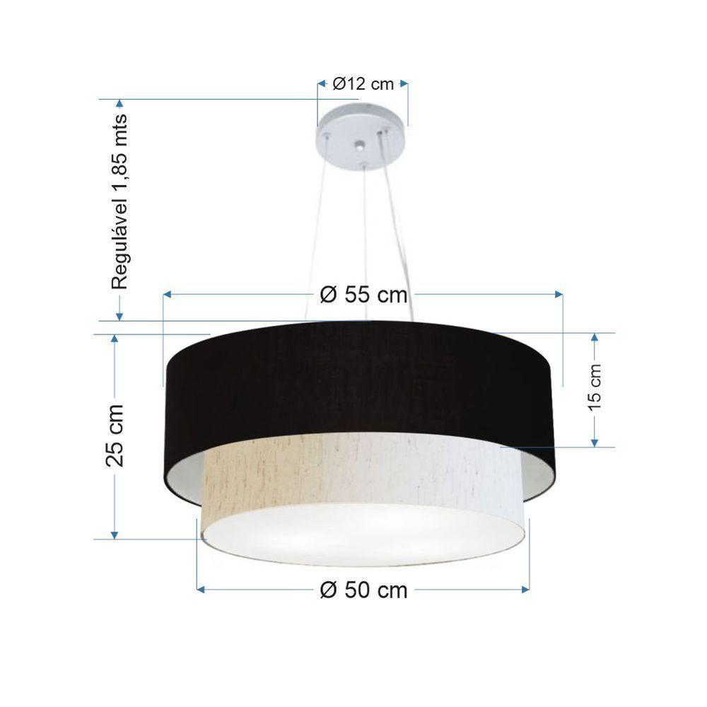 Lustre Pendente Duplo Cilíndrico Vivare Md-4370 Cúpula Em Tecido 55x50cm - Bivolt Preto-linho-bege 127/220v - 2