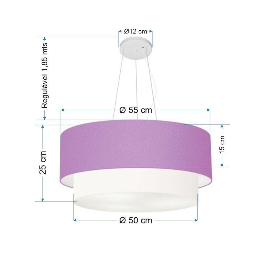 Lustre Pendente Duplo Cilíndrico Vivare Md-4370 Cúpula Tecido 55x50cm - Bivolt Lilás-branco 127/220v - 2