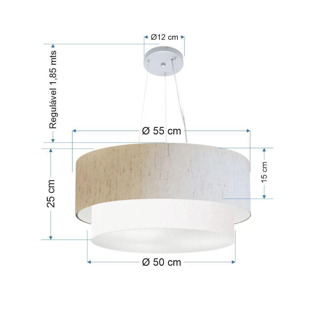 Lustre Pendente Duplo Cilíndrico Vivare Md-4370 Cúpula Em Tecido 55x50cm - Bivolt Linho-bege-branco 127/220v - 2