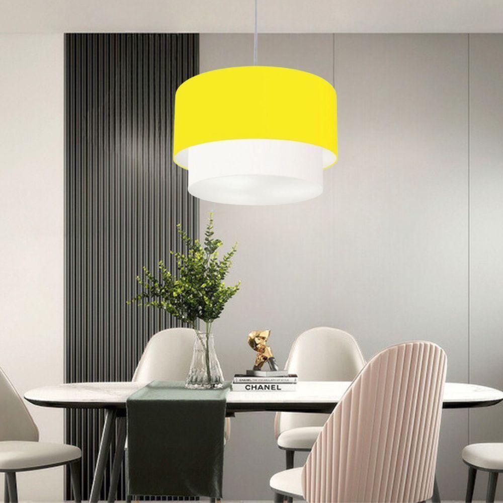 Lustre Pendente Duplo Cilíndrico Vivare Md-4370 Cúpula Tecido 55x50cm - Bivolt Amarelo-branco 127/220v - 3