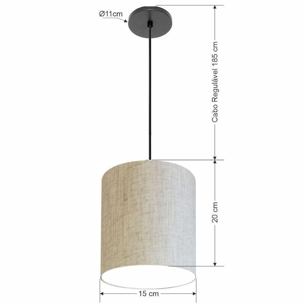 Lustre Luminária Pendente Vivare Free Lux Pe-4103pr Cúpula Em Tecido 15x20cm Rustico-bege Canopla Preta E Fio Preto - 2