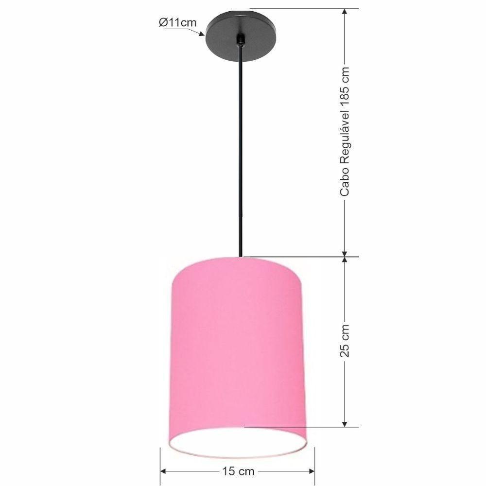 Lustre Luminária Pendente Vivare Free Lux Pe-4104pr Cúpula Em Tecido 15x25cm Rosa-tela Canopla Preta E Fio Preto - 2
