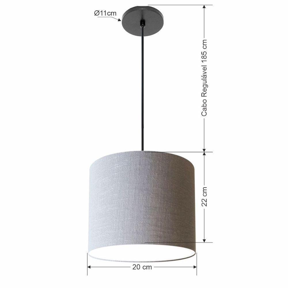 Lustre Luminária Pendente Vivare Free Lux Pe-4105pr Cúpula Em Tecido 20x22cm Rustico-cinza Canopla Preta E Fio Preto - 2