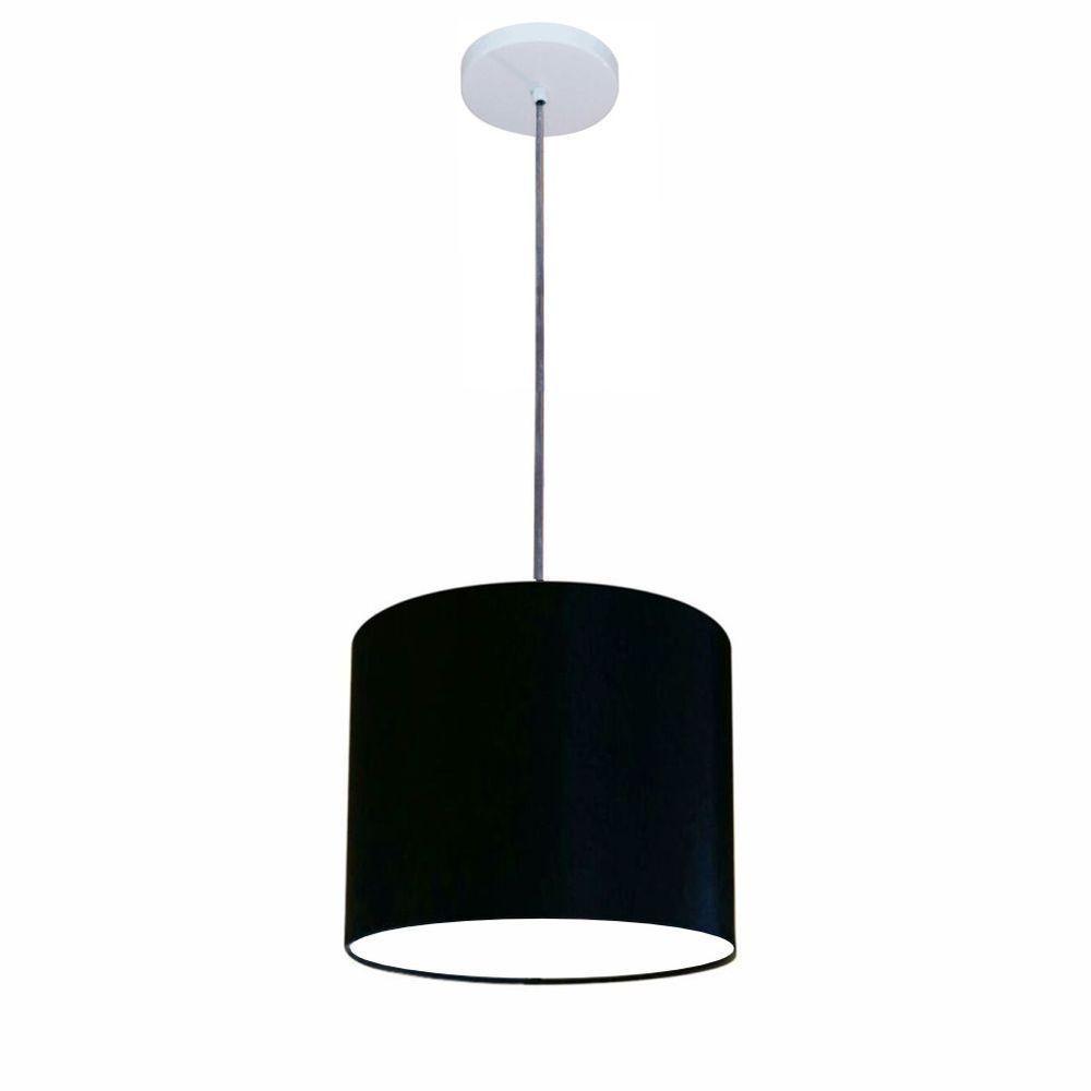 Lustre Luminária Pendente Vivare Free Lux Pe-4106br Cúpula Em Tecido 20x25cm Preta Canopla Branca E Fio Cristal - 1