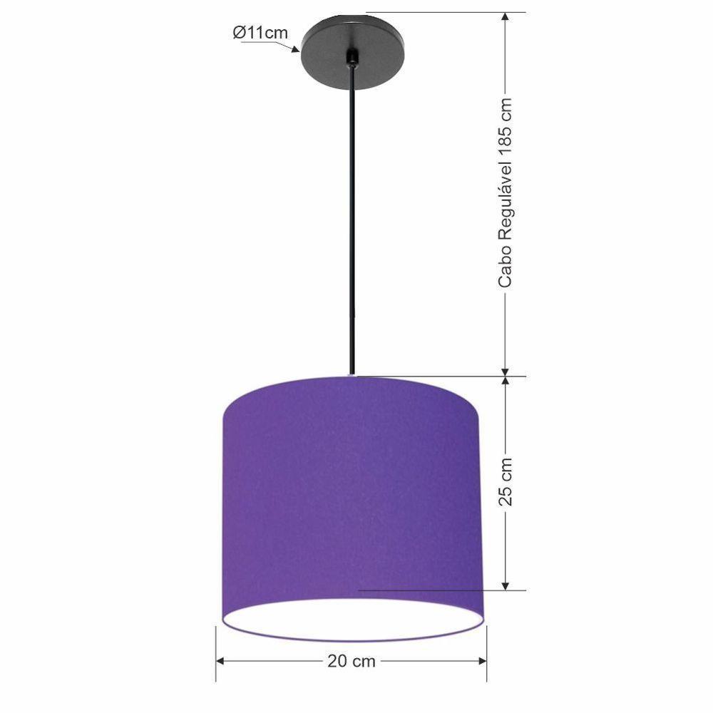Lustre Luminária Pendente Vivare Free Lux Pe-4106pr Cúpula Em Tecido 20x25cm Roxo Canopla Preta E Fio Preto - 2