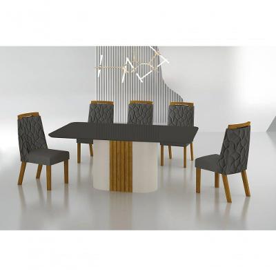 Conjunto Sala De Jantar Mesa Com Vidro 180cm Com 6 Cadeiras Pé Madeira Dacota Off White Freijó/chumbo/joli Chumbo